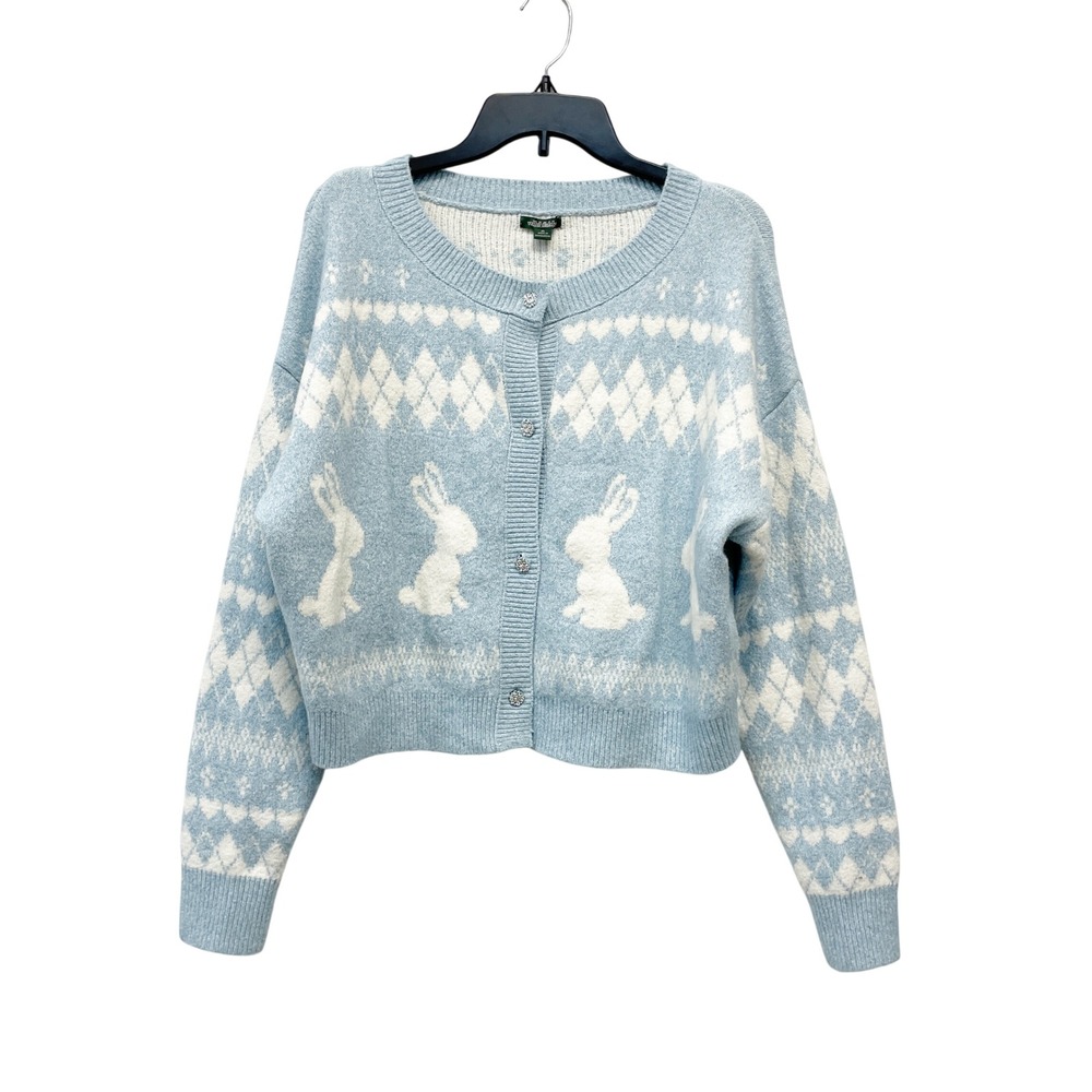 Wild Fable Women's Blue Bunny Argyle Heart Cropped Cardigan Size XL - Picture 2 of 7